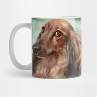Painting of a Fluffy Dachshund with Brown Coat, on Green Background Mug